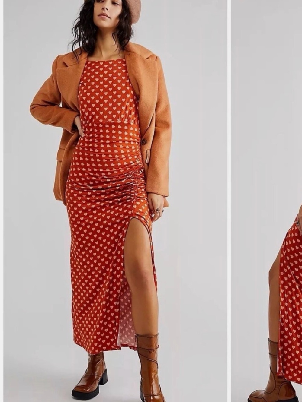 Free People Lakeside Midi DRESS M Orange Ginger Printed Heart Stretch